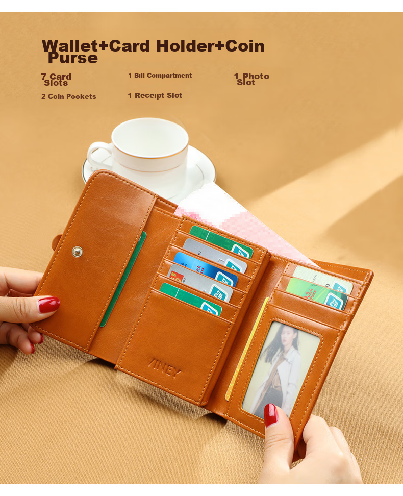 Viney Leather Women's Wallet, Foldable Short Coin Purse, High-End ID Card Holder, Integrated Brand Large Capacity Wallet, Leather Clutch 3