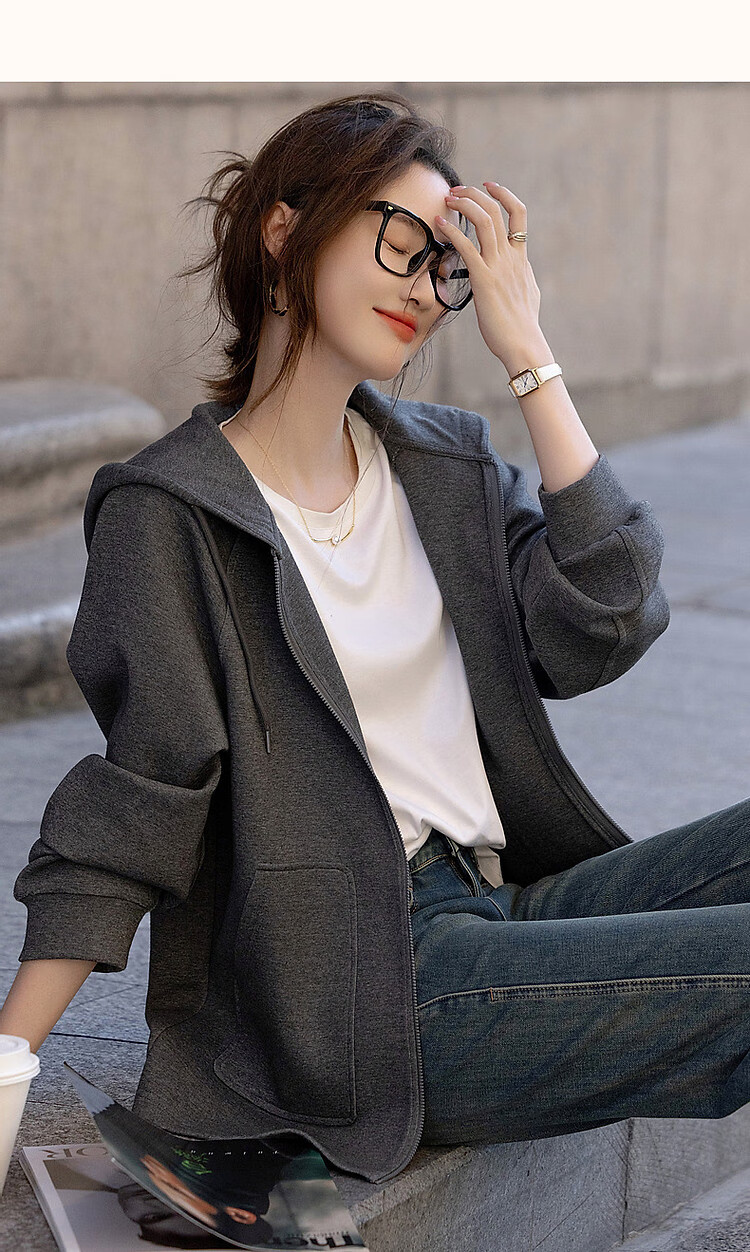 Dme [Stroll Outfit] Spring And Autumn Sporty Style 350G Air Layer Hooded Sweatshirt Jacket for Petite Women to Conceal Body Shape 25