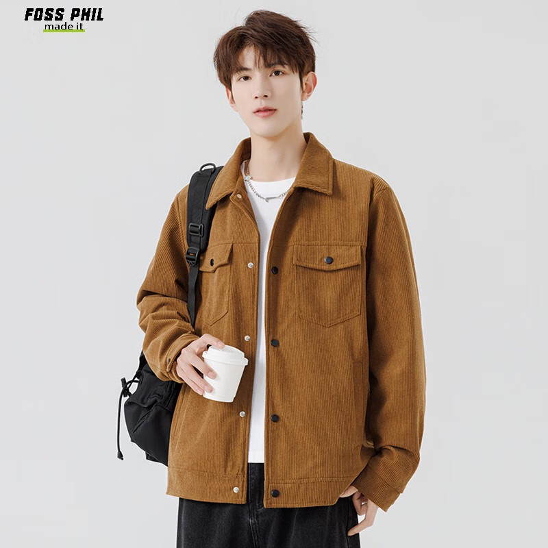 Foss Phil Corduroy Jacket for Men, Autumn And Winter American Casual Retro Loose Versatile Workwear Coat, 2516 Coffee Color, Size M