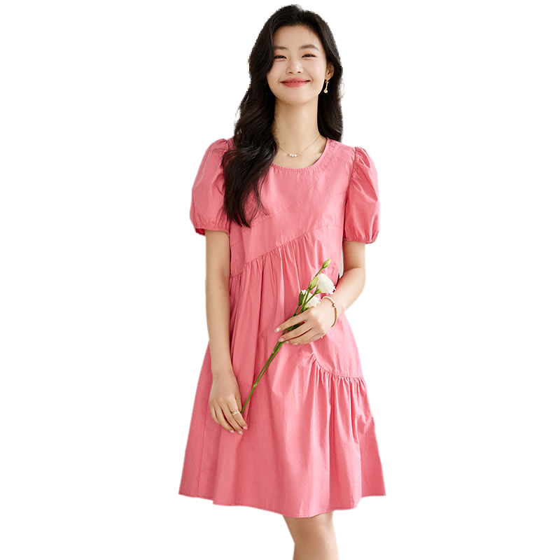 Taxiang Short-Sleeve Dress, Round Neck, Irregular Design, Loose Casual A-Line Skirt, Long Dress T143Q1357