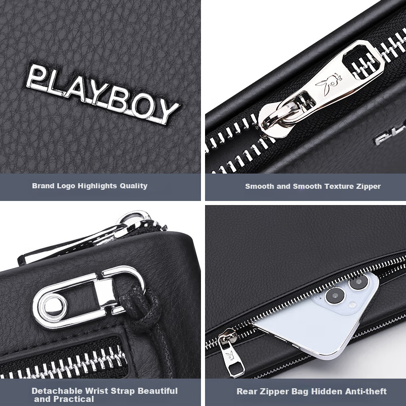 PLAYBOY Men's Handbag, Top-Grain Leather Clutch, Business Large-Capacity Genuine Leather Envelope Bag, Casual Birthday Gift