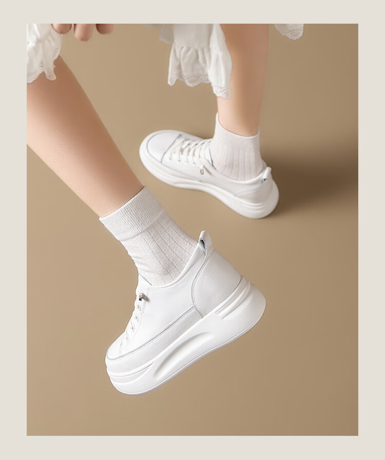 ZHR Top-Grain Leather White Sneakers for Women, Thick-Soled Height-Increasing Casual Shoes, Lightweight Versatile Women's Shoes, KS59F, White, Size 36 5