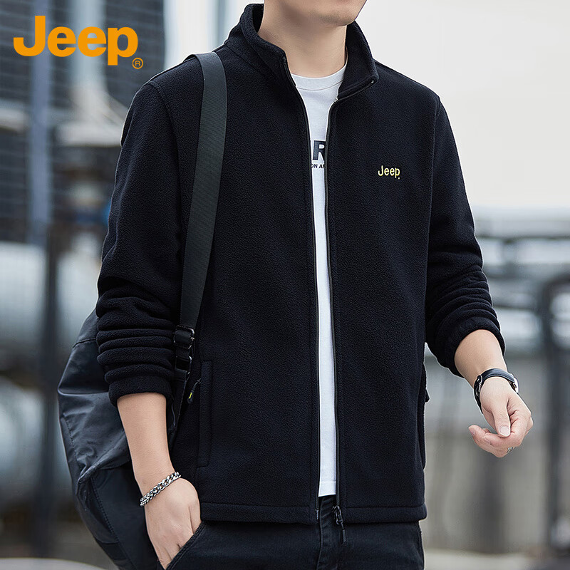 JEEP Men's Fleece Thickened Warm Zip-up Sweatshirt Jacket Loose Fit Black M Spring Autumn