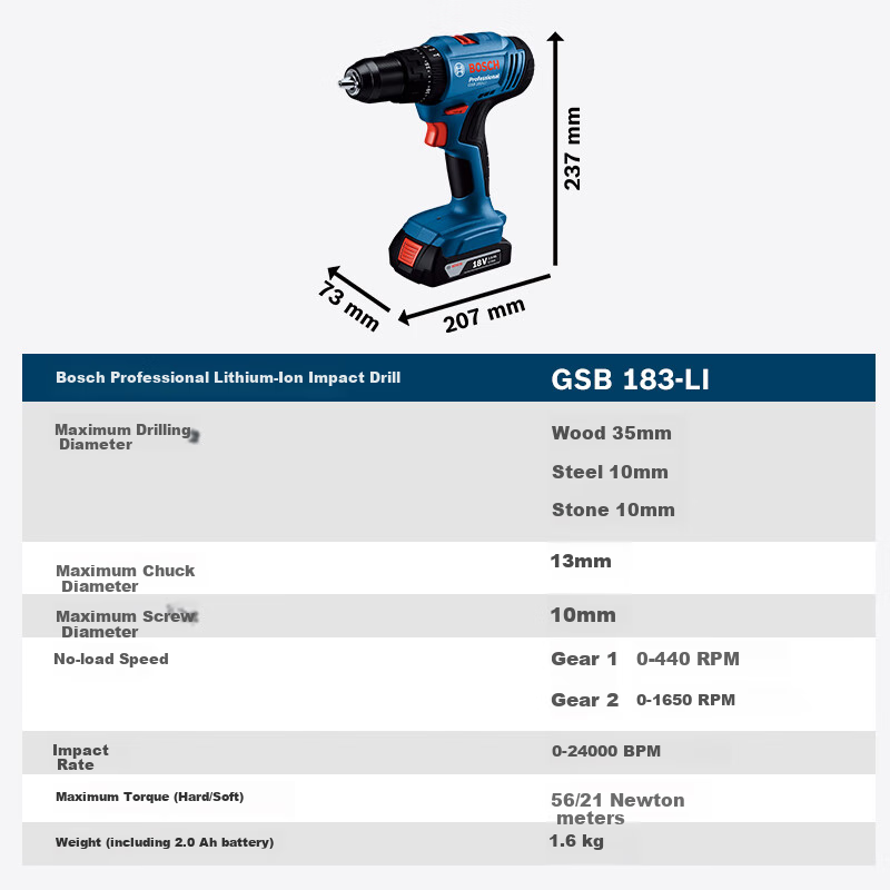 BOSCH Electric Drill, Impact Drill, Handheld Drill, Screwdriver Machine, Flat Drill, Impact Three-In 18V Lithium Battery GSB183-LI Dual Battery