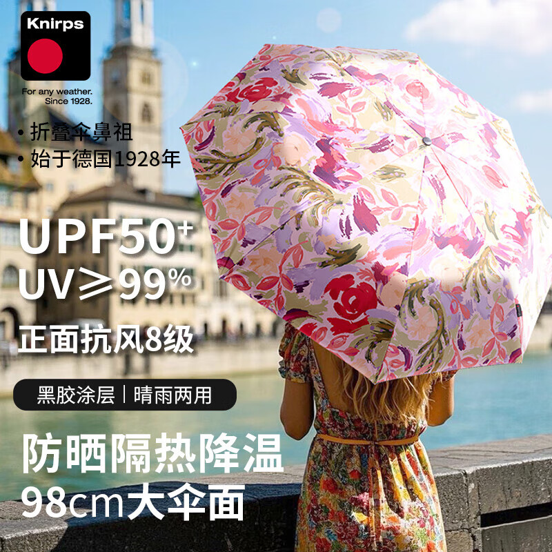 Knirps German Sun Umbrella, Ultra-Strong UV Protection, Triple-Fold Umbrella for Sunny And Rainy Days, Black Gel Sunshade, Gift for Wome