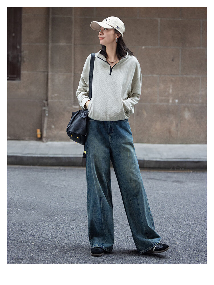 Dme [Relaxed Fit Pullover Sweatshirt] Autumn Light Bean Green Stylish Stand Collar Zipper Half Placket Simple Sweatshirt 8