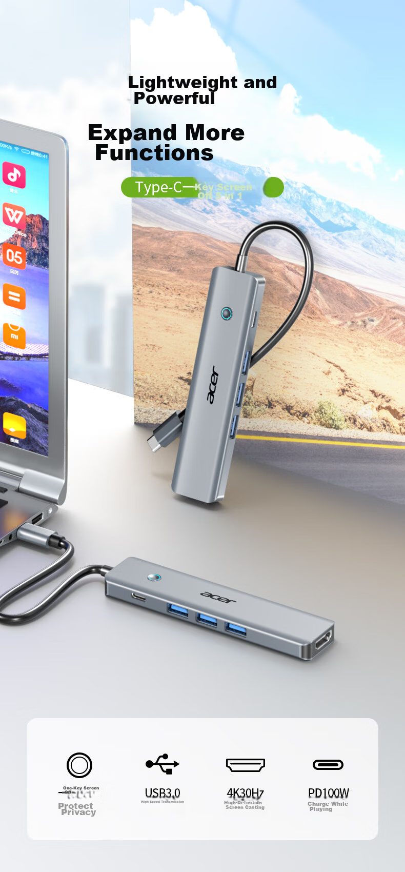 Acer Type-C Expansion Dock, USB3.0 Hub, HDMI Adapter, 4K Screen Mirroring, PD Charger, Compatible with MacBook And Huawei Computers, Five-In Converter 2