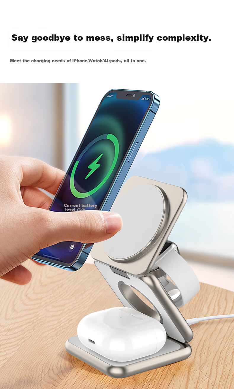 Jingshan Foldable Three-In Wireless Charger, 15W MagSafe Magnetic Stand, Portable Travel, for Apple IPhone, Earphones, IWatch, AirPods, Fast Charging Statio 2
