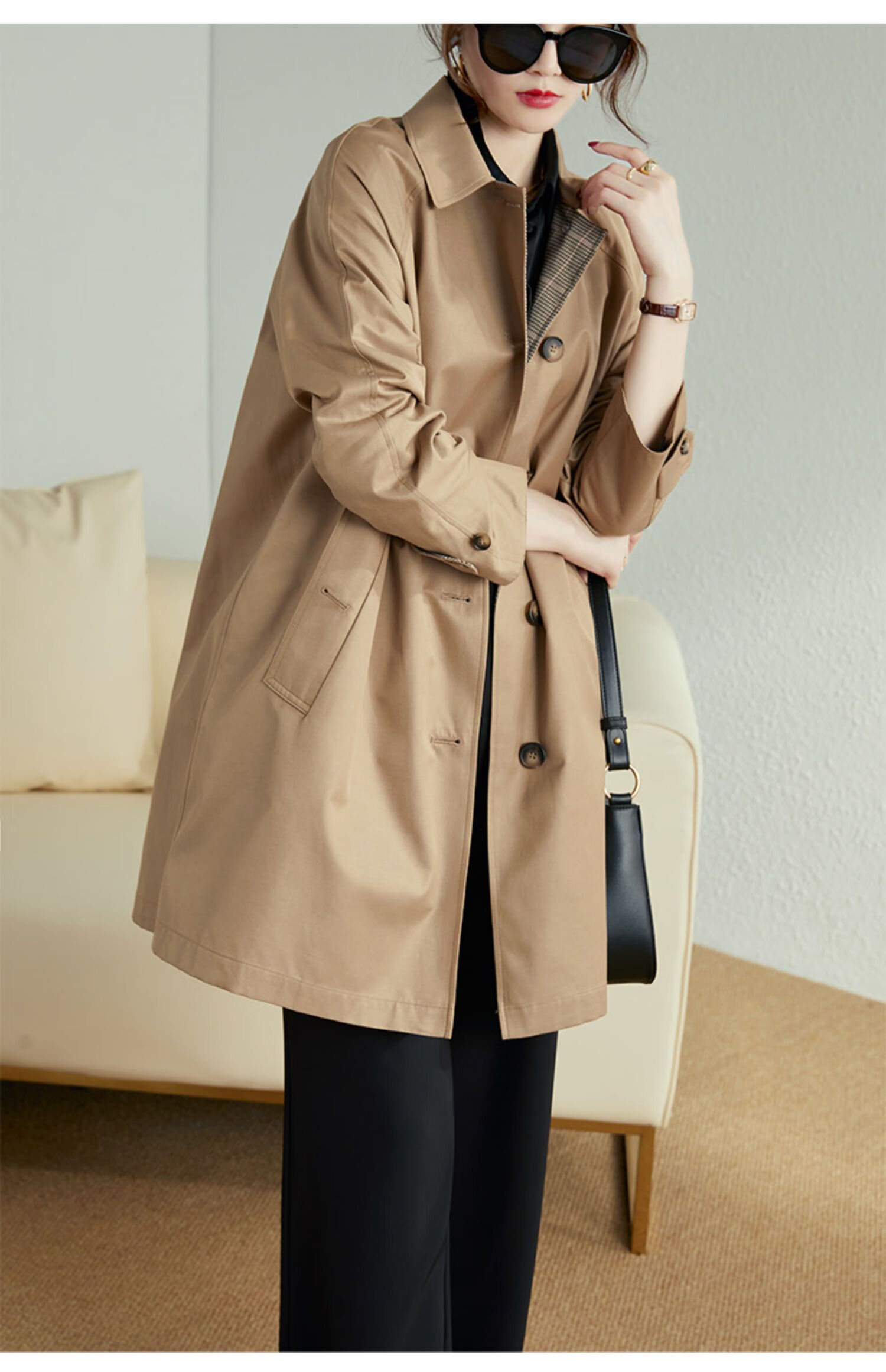 AOTUN British Style Women's Mid-Length Trench Coat Korean Version Slim Straight Jacket AT2359 Navy XXL 13
