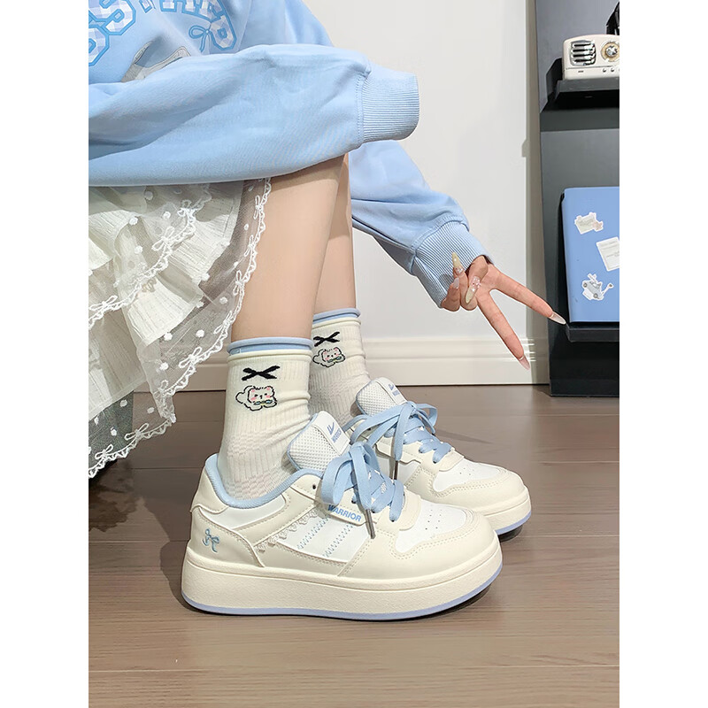 Warrior Korean Style Versatile White Sneakers for Women Student New Thick Sole Casual Shoes Off-White Light Blue Size 39