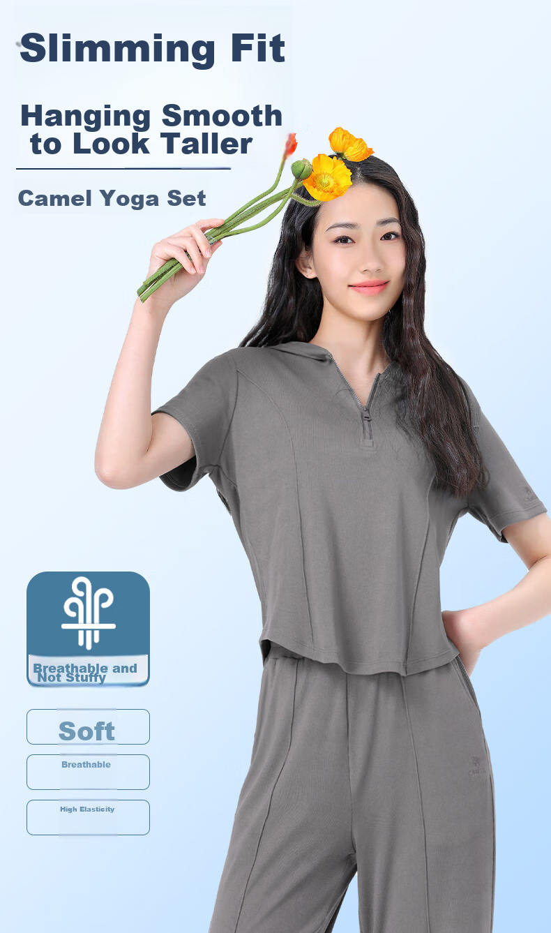 CAMEL Casual Sports Set, New Women's Clothing, Short-Sleeve Jacket, Wide-Leg Straight Pants, Two-Piece Set, Knitted Casual Sportswear 2