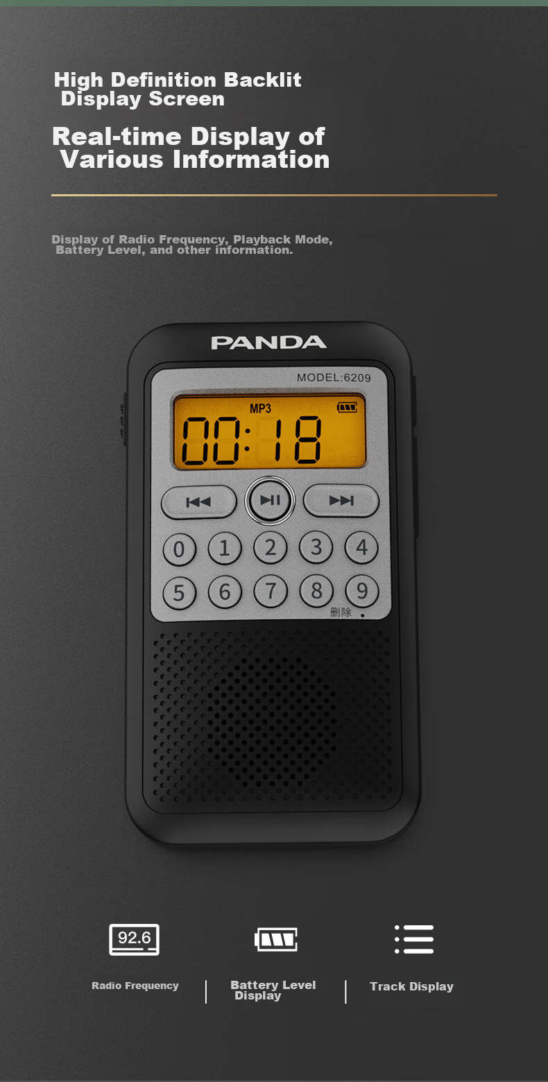 Panda 6209 Mini Radio, Full Band Portable, Card-Insertable, Elderly Gift, Rechargeable Semiconductor Stereo Broadcast 8