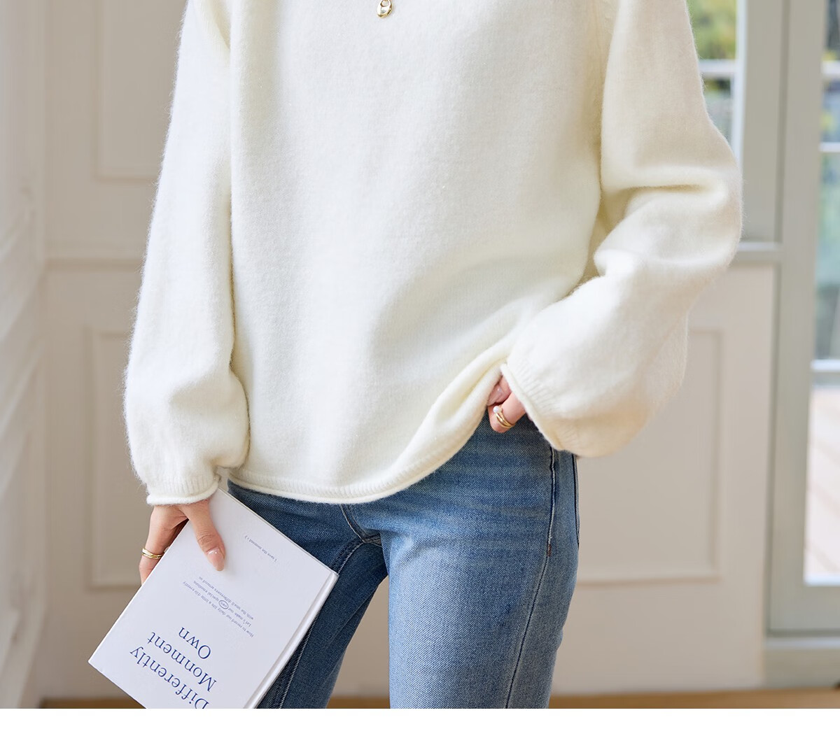 She Enjoy Knitwear Women's Solid Color Rolled Edge Raglan Sleeve Sweater Loose Fit Lantern Sleeve Round Neck Knit Top T51Z018 15