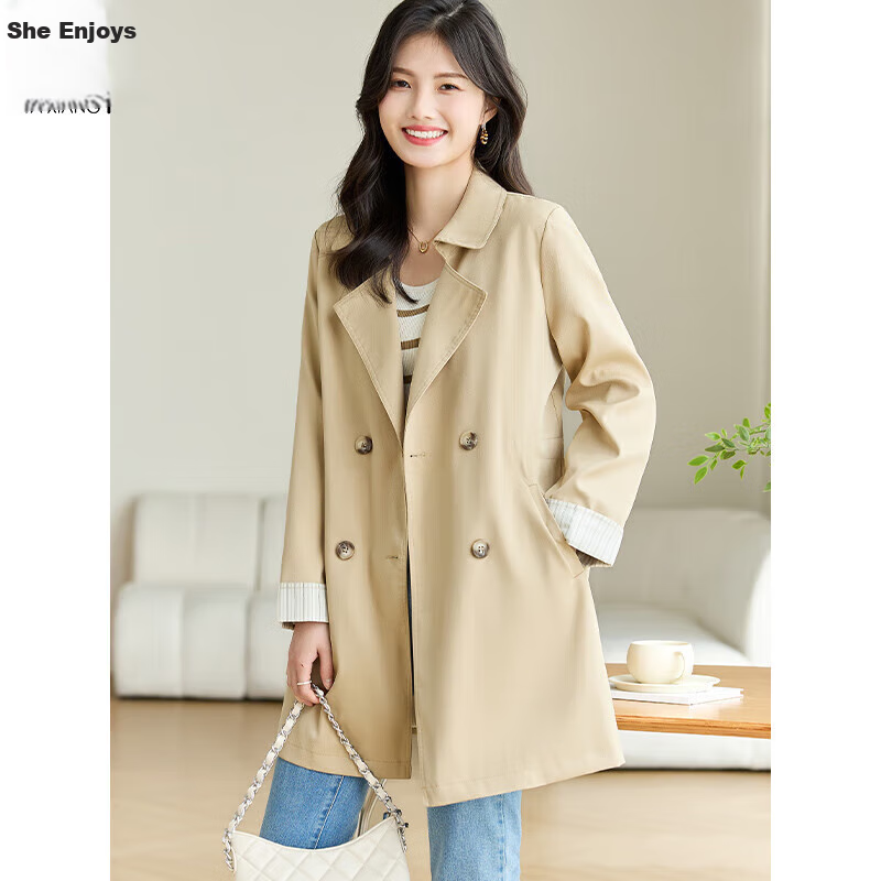 She Enjoy Casual Women's Mid-Length Trench Coat Blazer Collar Fashion Simple Jacket T13KF7478