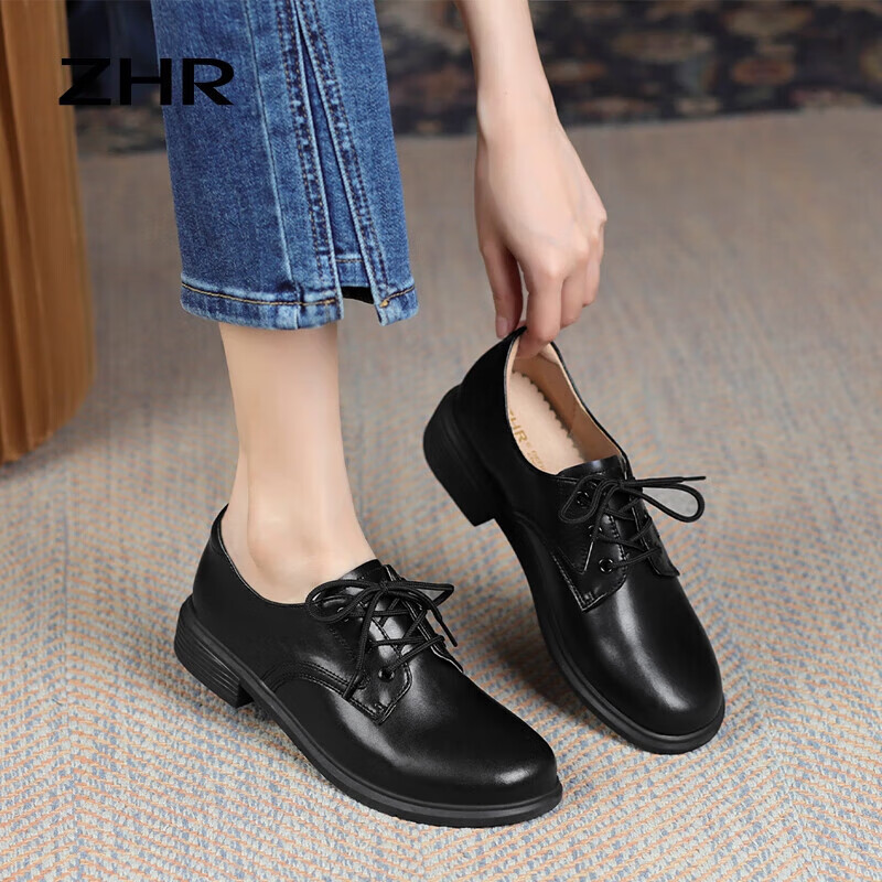 ZHR British Style Women's Leather Shoes with Round Toe And Lace-Up, Genuine Leather Chunky Heel Pumps AY127 Black Size 37
