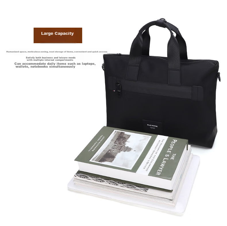 ELLE HOMME Business Men's Briefcase, Nylon Canvas Shoulder Crossbody Bag, Handheld Laptop Bag for Men, 06810 Black 14
