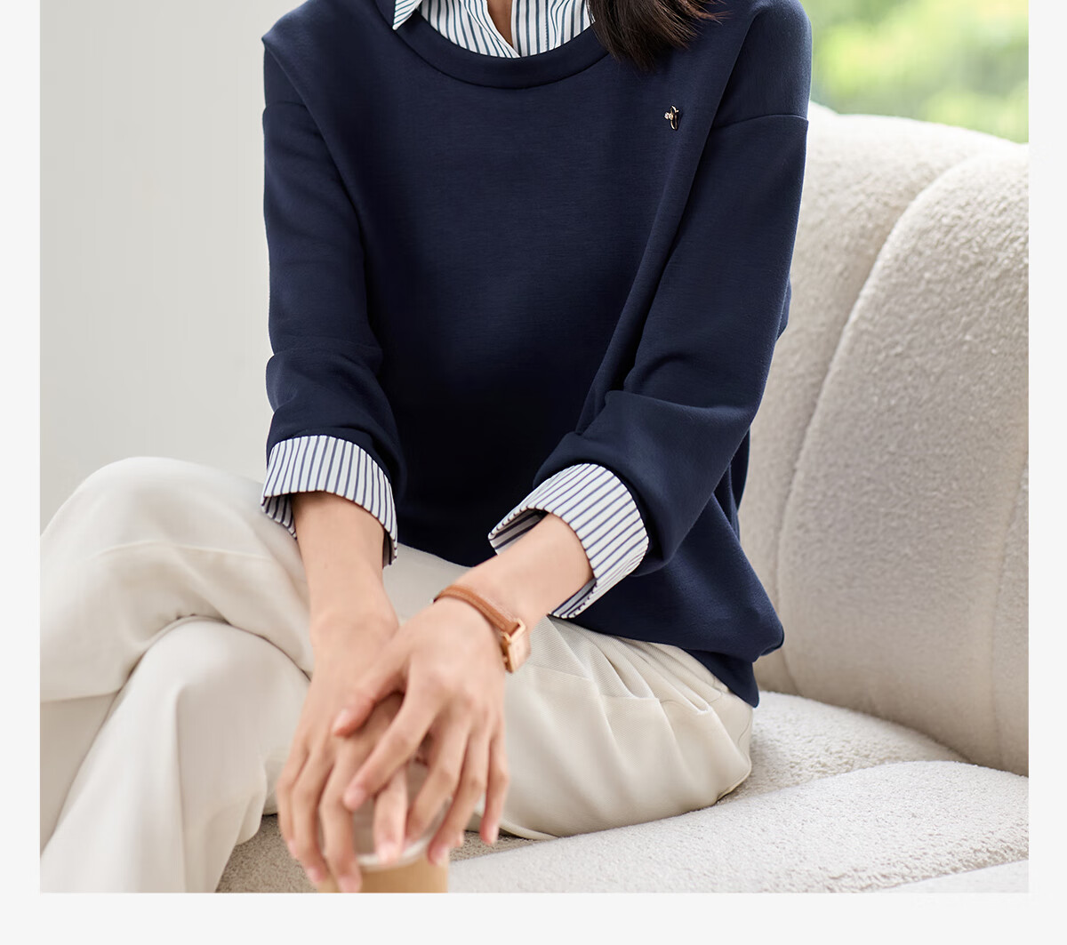 Chushen Women's Patchwork Striped Shirt Collar, Fashionable Faux Two-Piece Design with Delicate Brooch Top S143W1012 1