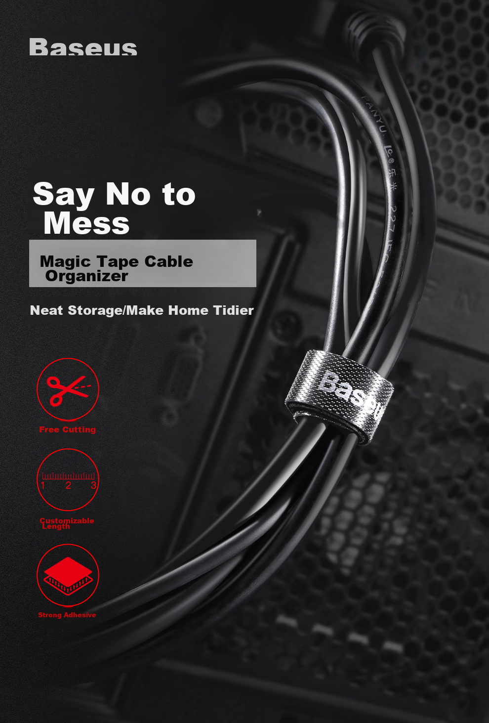 Baseus Computer Cable Management Strap with Velcro, Cable Organizer And Tidy Cable Wrap, Adhesive Nylon Hook Power Cord Cable Tie, Black 3 Meters 1