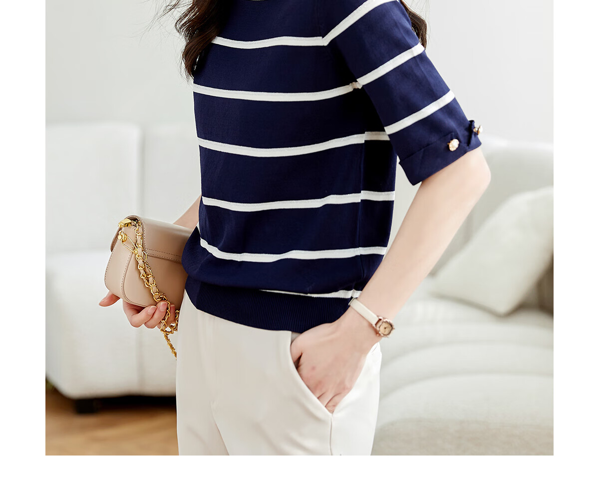 Taxiang Knitted T-Shirt for Women, Striped Contrasting Color Thin Top, Casual Versatile Women's Short-Sleeve T-Shirt T141Z3852 5