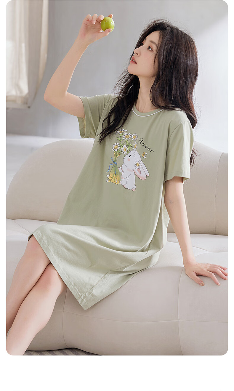 Fenteng Summer Lightweight Short-Sleeve Pure Cotton Loungewear, Plus Size Cute Pajamas, All-Cotton Women's Nightgown, Grass Green, XL 12