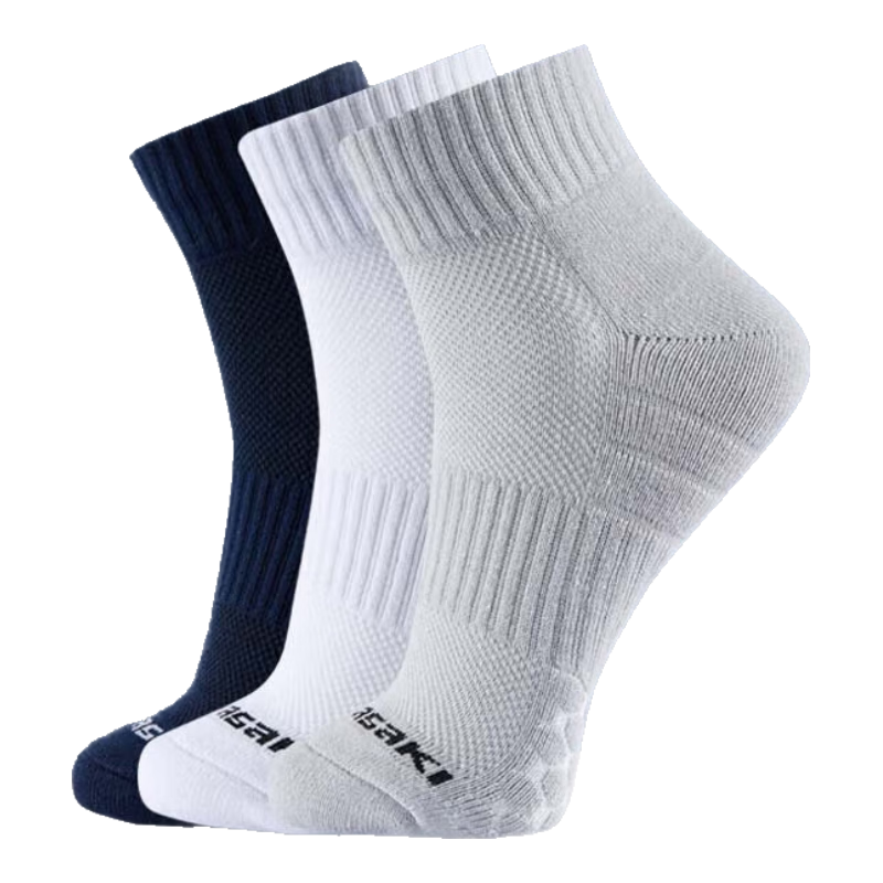 KAWASAKI Badminton Socks for Men, Terry Bottom Sports Mid-Length Socks 6323 (Three-Pair Pack), White Blue Gray, One Size Fits All