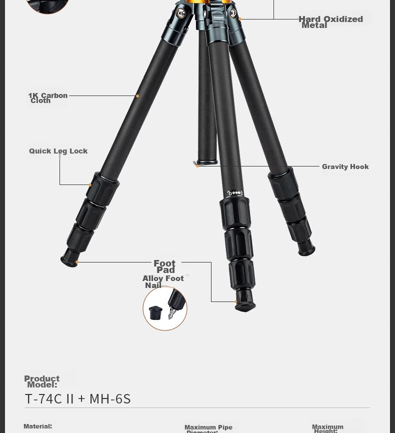 Fotopro T-74C+MH6S Professional Landscape Bird Photography Digital Camera, Mirrorless Camera Photography And Videography Hydraulic Video Gimbal, Carbon Fiber Camera Tripod 4