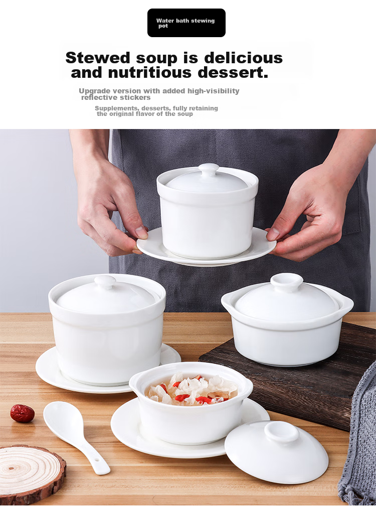 Beisesi Ceramic Bowl, Stew Pot, Double Boiler Pot, Soup Pot, Steamed Egg Custard Bowl, Steaming Pot, Clay Jar, Stew Pot, Bird's Nest Pot with Lid And Spoon, 420ml 2