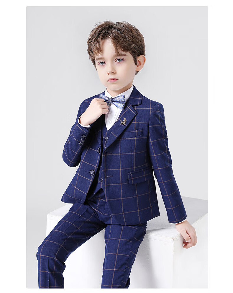 Romon Children's Suit Vest Set Boys Host Formal British Style Flower Boy Piano Performance Navy Plaid 130 15