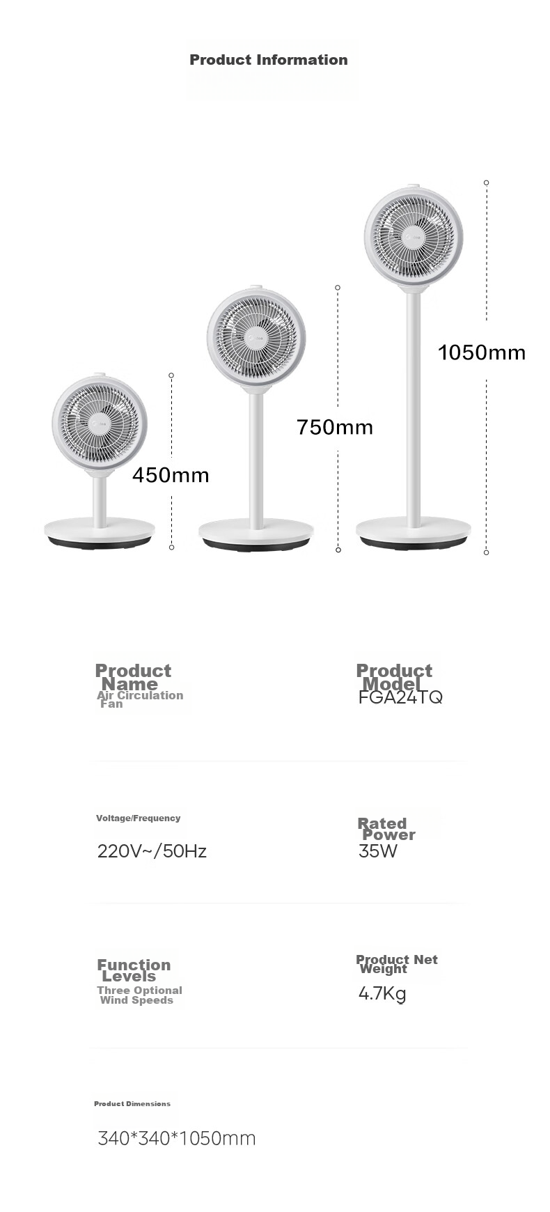 Midea [Storm Circulation] Air Circulator Fan, High Airflow Electric Fan, Floor Fan, Quiet Home Desktop Oscillating Fan, Bedroom Energy-Saving Small Fan, Gentle Wind Light Feather Fan FGA24TQ 34