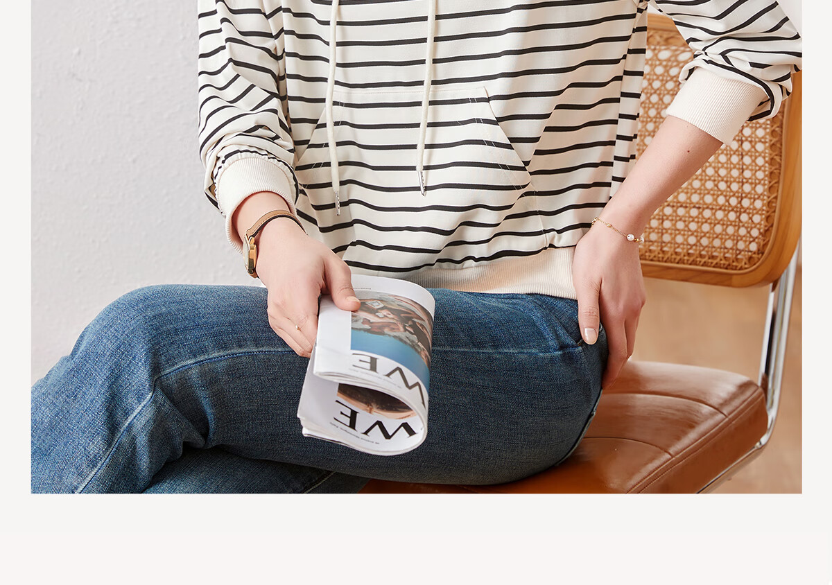 Chushen Women's Hoodie, Contrasting Colors, Drawstring Hood, Korean Style Stripes, Simple Elegant Fashion Versatile Top S141W1012 2