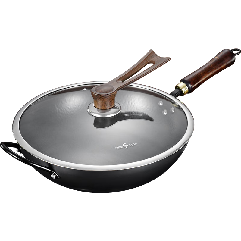 SSGP Iron Wok Non-Coated Stir-Fry Pan for Home Use, Healthy Gas Stove Seasoned Cast Iron Round Bottom 34cm 37833