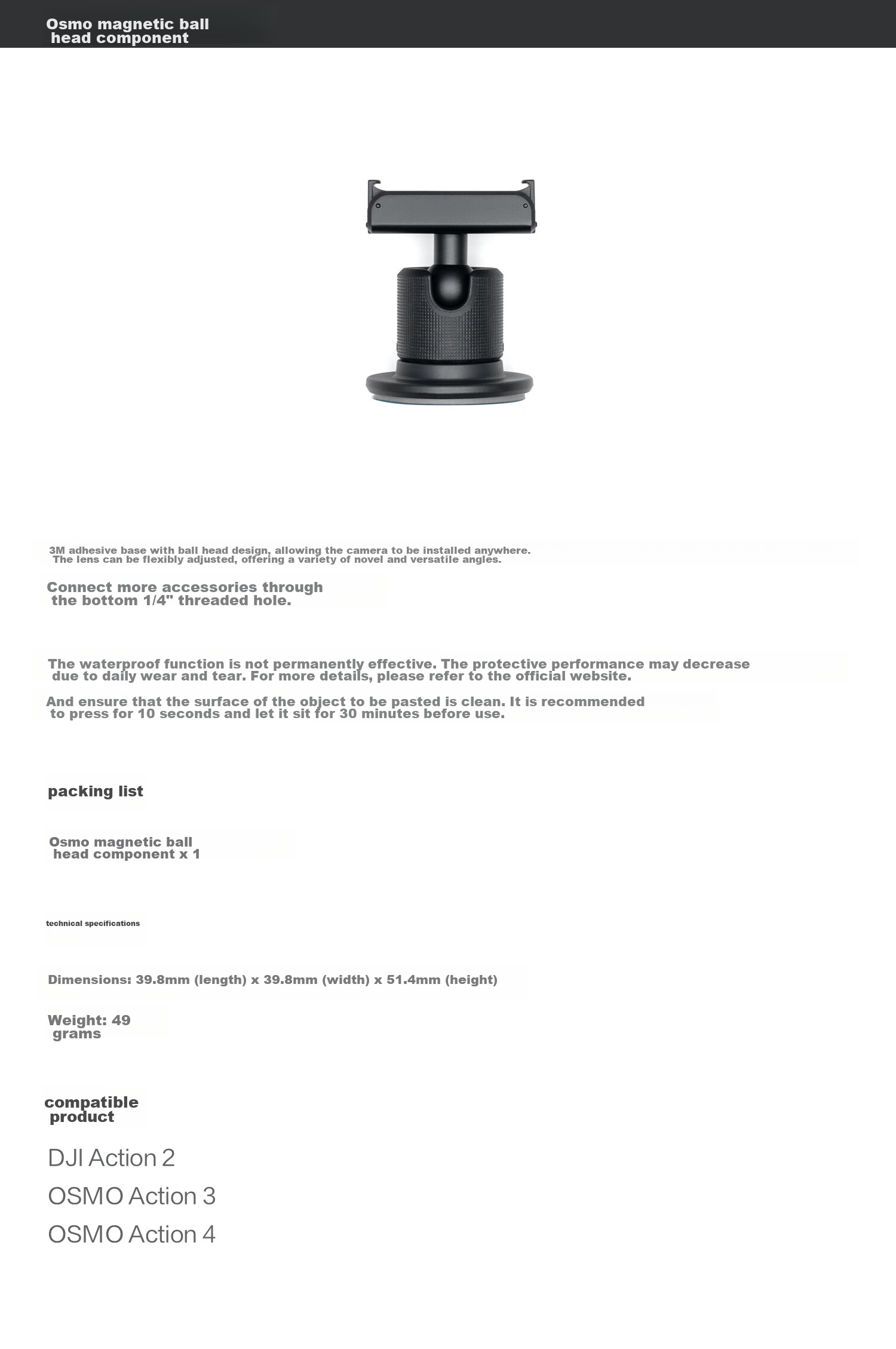 DJI Osmo Magnetic Ball Head Component, Compatible with Osmo 360/Osmo Action 5 Pro/Action 4/Action 3/Action 2 Action Cameras 1