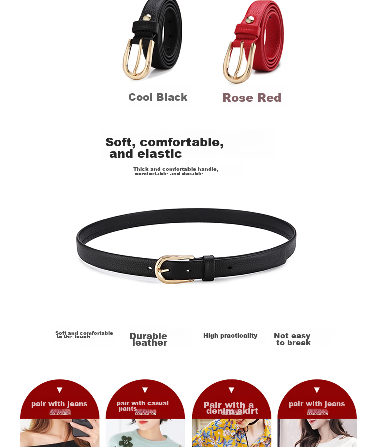 CROCODILE Belt, Fashionable Top-Grain Leather, Soft Women's Simple Pin Buckle Belt, Birthday Gift, 11430 Black, for Girlfriend 2