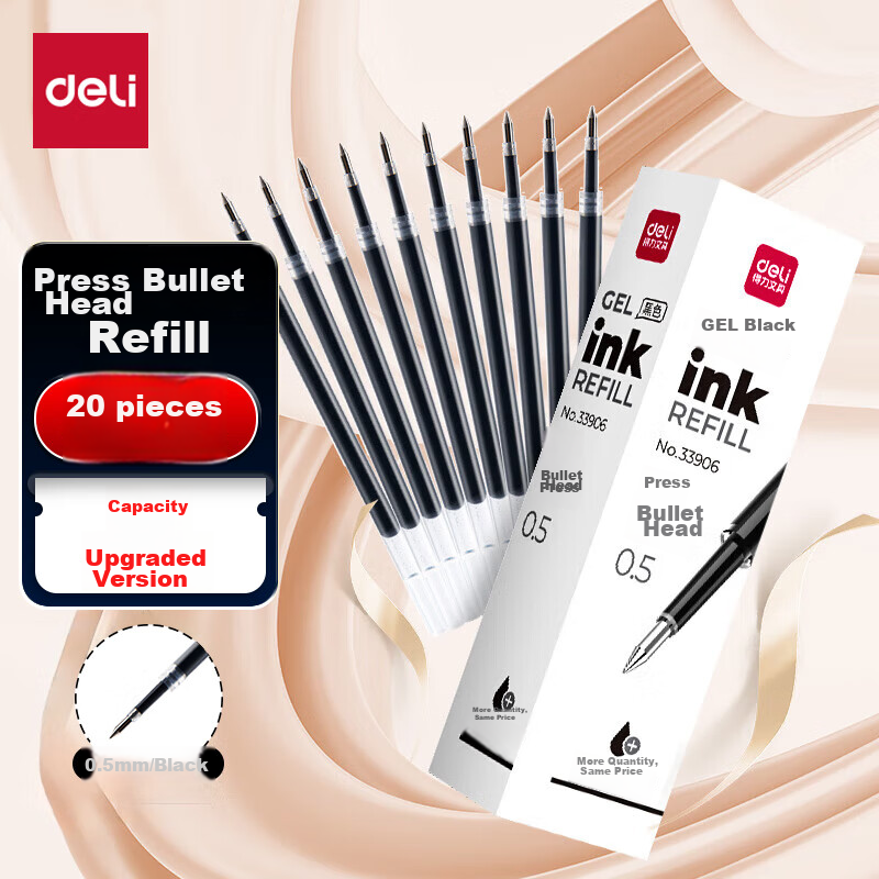 Deli 0.5mm Retractable Gel Pen Refill, Black Ink, Large Capacity, Long-Lasting, Extended Capacity Refill, Compatible with S01/S08/1008/K35, Black Bullet Tip, 20 Pieces/box, 33906