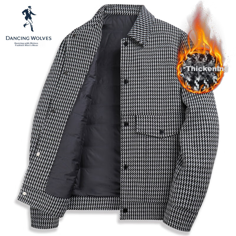 DANCING WOLVES [85% White Duck Down] Versatile Houndstooth Lapel Warm Men's down Jacket 003 Medium Gray S(165)