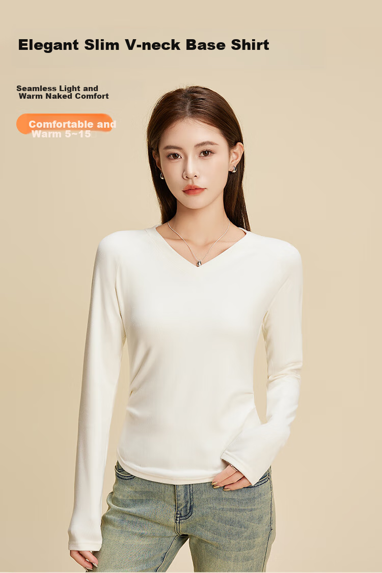 Ordifen Women's Base Layer, Fashionable V-Neck Seamless Inner Wear, Waist-Cinching Slimming Autumn And Winter Soft Brushed Long-Sleeve T-Shirt, White M 1