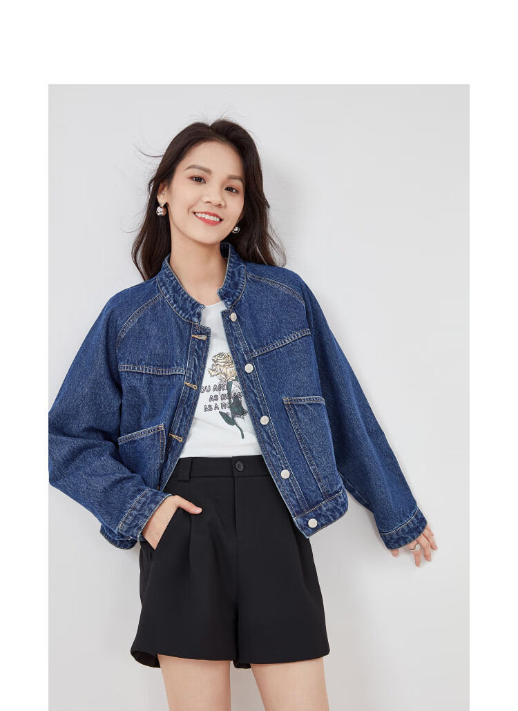 Sentubila Spring And Autumn Pure Cotton Denim Jacket, Short High-End Women's Clothing, Elegant Casual Versatile Top, Denim Blue, XL 32