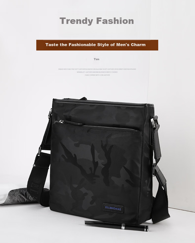 ELLE HOMM Men's Business Shoulder Crossbody Bag, Fashionable Multifunctional Vertical Camouflage Canvas Men's Bag 335340 Black Birthday Gift for Boyfriend 1