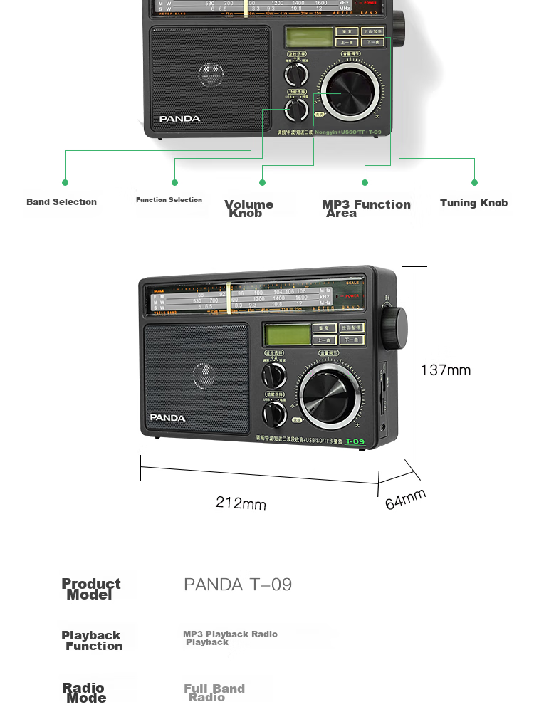 Panda T-09 Traditional Large Desktop All-Band (USB, SD Card) Speaker for Elderly Gift, Card-Insertable Semiconductor Battery AC/DC Radio 11