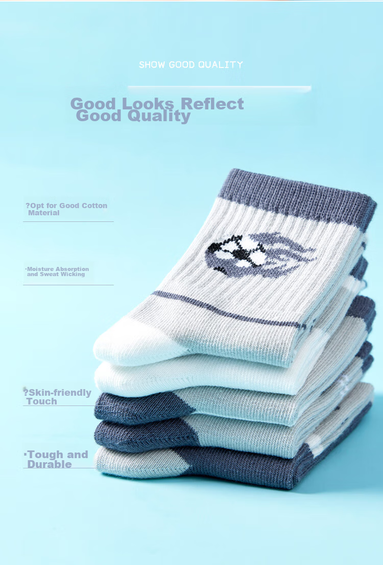 Nanjiren Children's Socks, Boys' Mid-Calf Socks, All-Season Casual Versatile Cotton Socks for Students, 5 Pairs, Size L 5