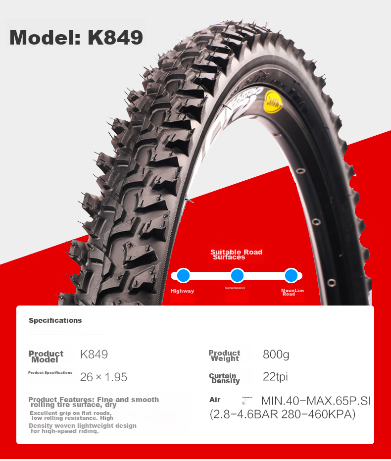 KENDA K1177 Tire, 26*1.95, Mountain Bike Bicycle Tire, Bicycle Outer Tire with Studs, Anti-Slip, Black 9