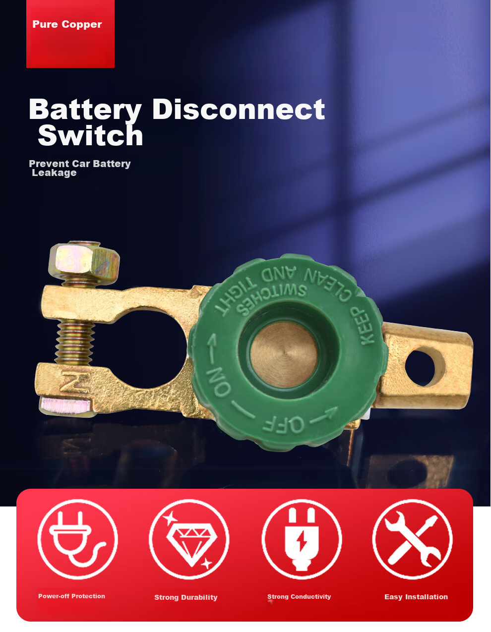 QL Car Battery Disconnect Switch, Anti-Leakage, Low Battery, Brass Terminal Post, 16-17mm 2