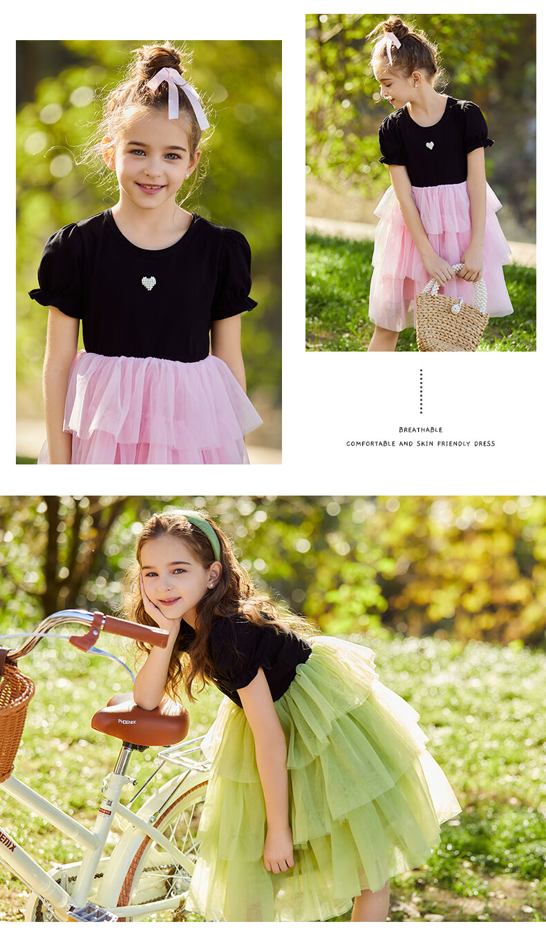 Follow Me Girls Summer Dress Fashionable Princess Dress Sweet Mesh Skirt for Older Girls Pink/Black 160 13