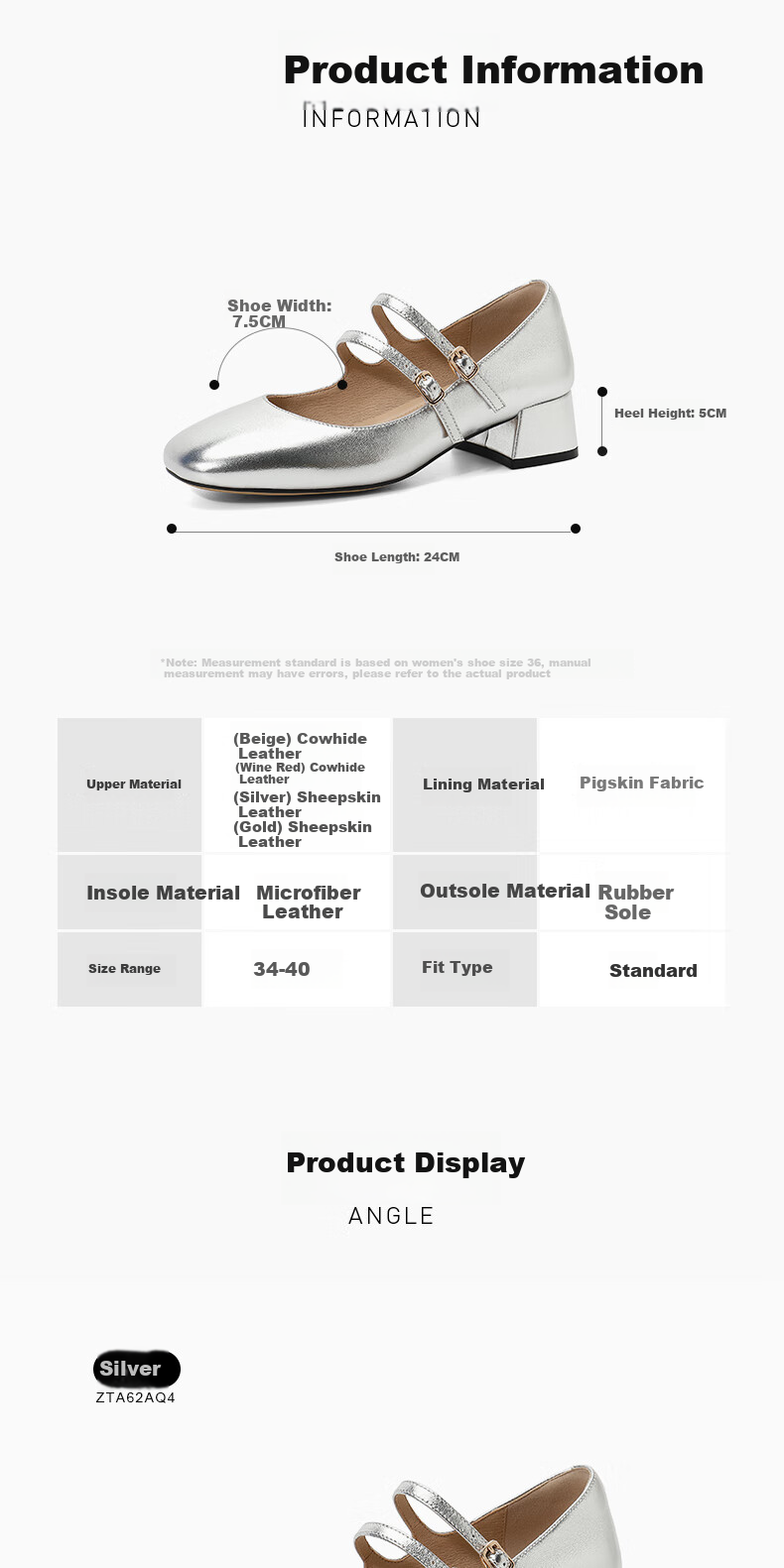 SENDA Mary Jane Women's Shoes, High Heels, Chanel-Style Genuine Leather Commuter Pumps, Ladies' Leather Shoes ZTA62AQ4, Silver, Size 40 7