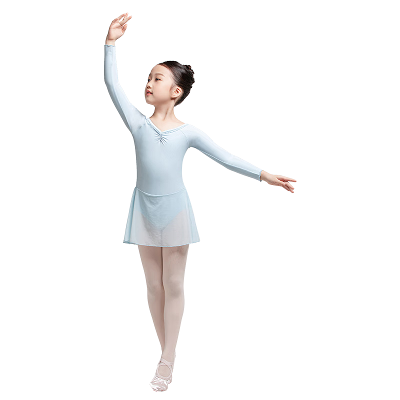 Sansha Ballet Practice Dress, Children's Dance Costume Long-Sleeve Dress Chiffon V-Neck Lace Bodysuit Dress, Light Blue, XL