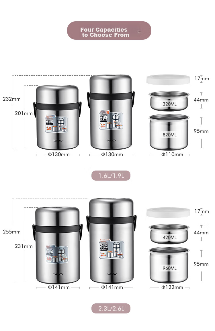 TAFUCO Insulated Food Container, 304 Stainless Steel, Large Capacity, Portable, Three-Layer Insulated Bucket, for Students And Adults, 2.3L, Food-Grade, T0320 3