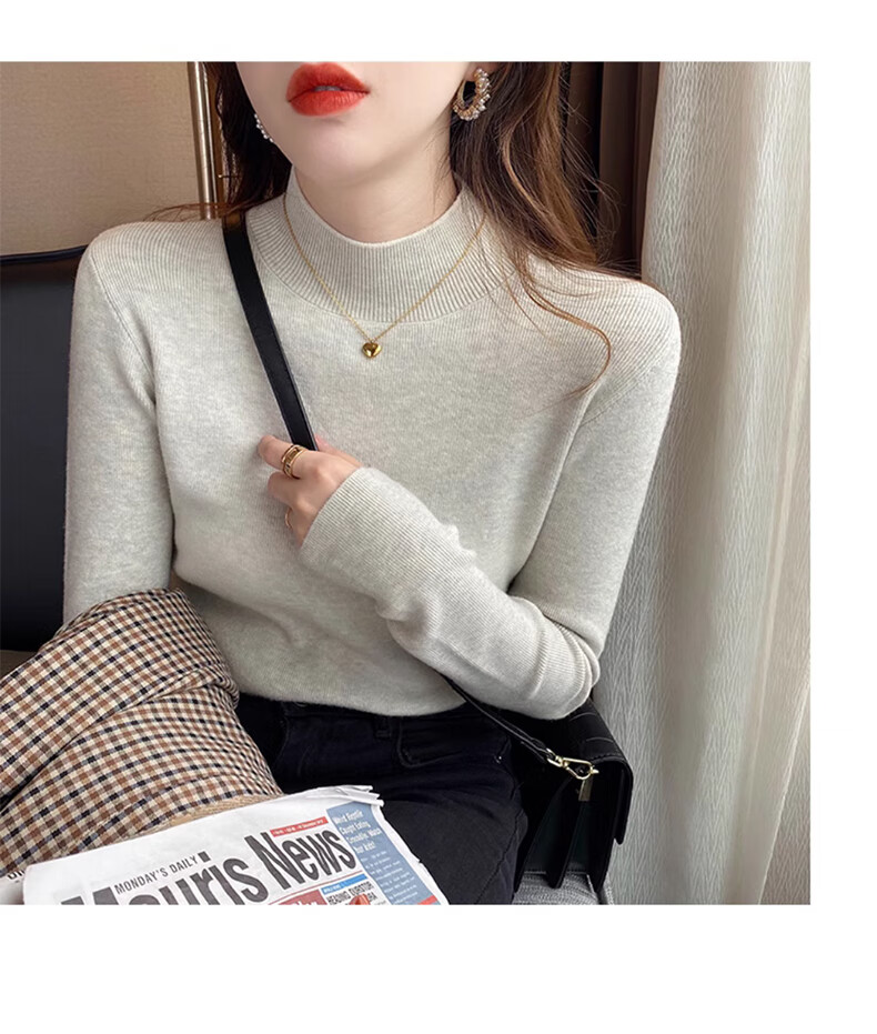 XUEXIMAN Semi-Turtleneck Base Layer for Women, Autumn And Winter Solid Color High-End Base Shirt, Versatile Slimming Knitted Sweater Suitable for Outer Wear 15