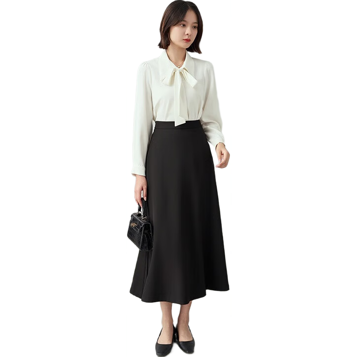 Bodexiaojie A-Line Long Dress for Women, Formal Umbrella Skirt, Professional Long Dress, Shirt Skirt, Interview Skirt, Black Midi Skirt, Size S