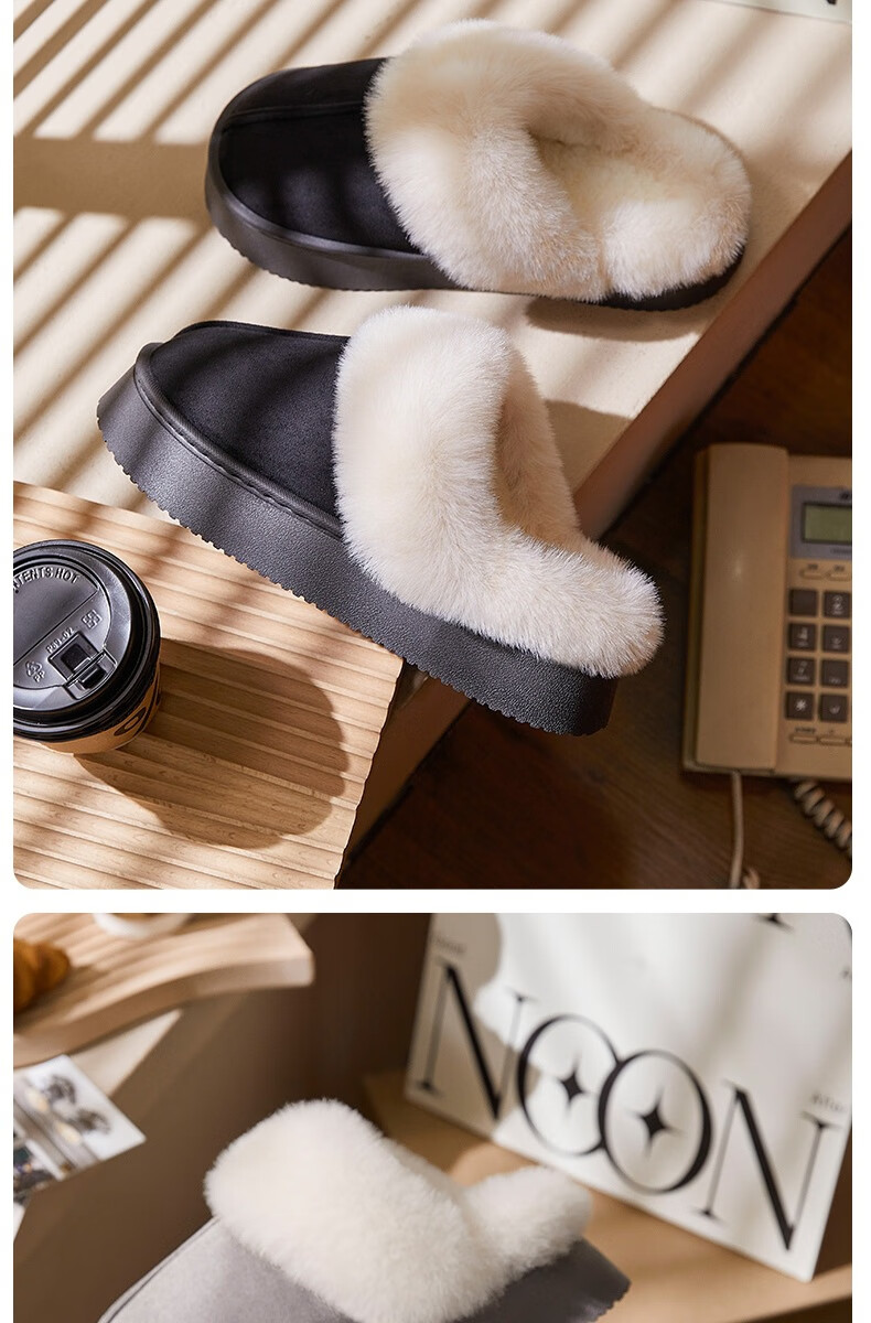 GUOLUOFEI Leather And Fur Integrated Thick Cotton Slippers for Men And Women, Home And Outdoor Wear, Furry Fleece-Lined Warm Couple Style, Gray, Size 42-43 15