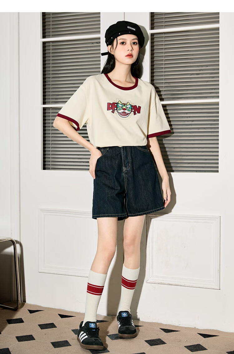 TonLion 2024 Short-Sleeve T-Shirt for Women, Loose-Fitting Top, Year of The Dragon Zodiac Year Inner Wear Tee, Apricot Color, Size S 4